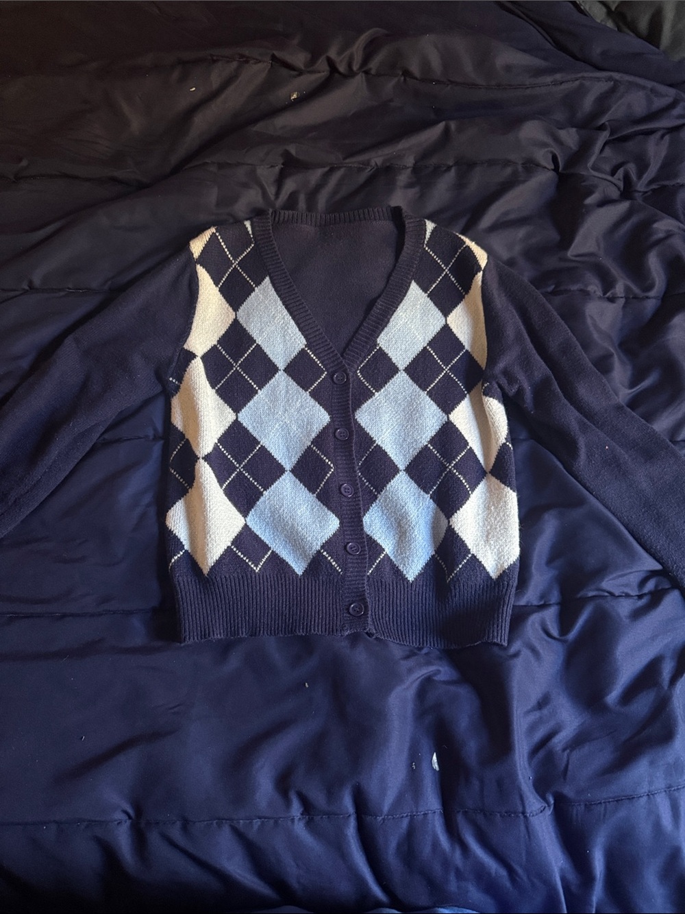 SHEIN Navy Blue Light Blue White Argyle V-Neck Button Cardigan
